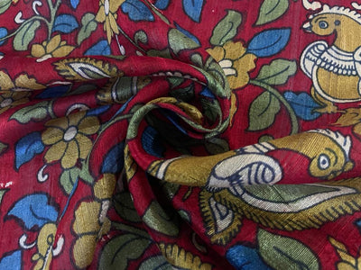 100% silk Dupion fabric red with multi color floral print 40" wide SLUBS 16mm DUPPR41[3]