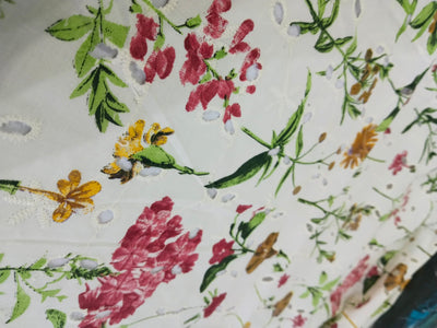 100% Cotton printed and chikan embroidery  fabric  58 inches wide 147 cms. available in 2 colors purple floral/red floral