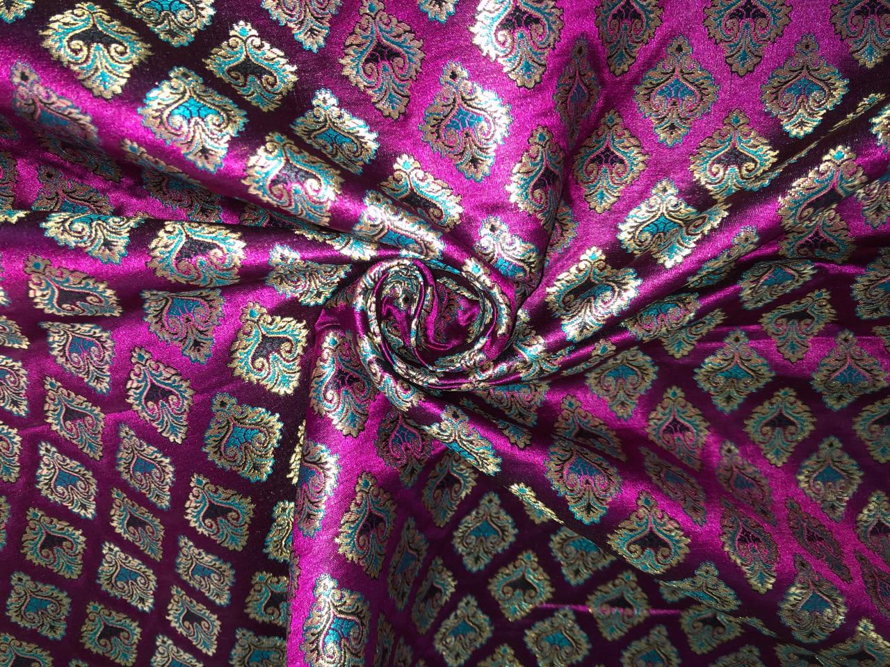Silk Brocade fabric 44" magenta with teal and  gold metallic jacquard  motif BRO1056[1]