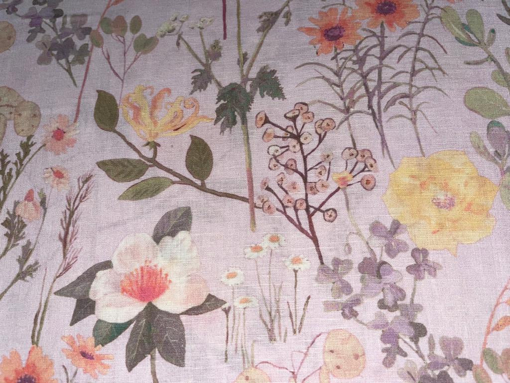 100% Linen LILAC with colorful floral print  Fabric 44" wide [15421]