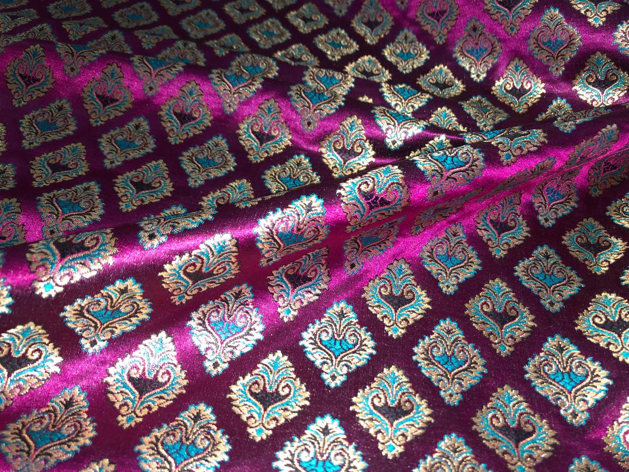 Silk Brocade fabric 44" magenta with teal and  gold metallic jacquard  motif BRO1056[1]