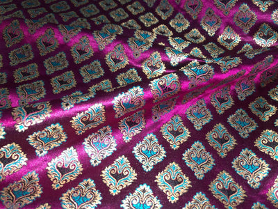 Silk Brocade fabric 44" magenta with teal and  gold metallic jacquard  motif BRO1056[1]