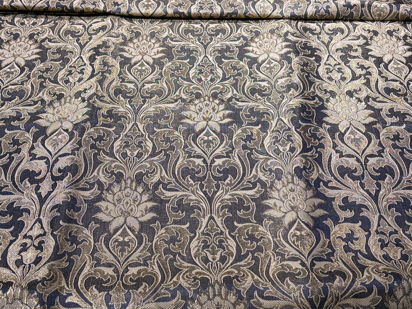 Silk Brocade fabric 44" antique gold jacquard motifs with vines available in 2 colors navy and black  BRO1054