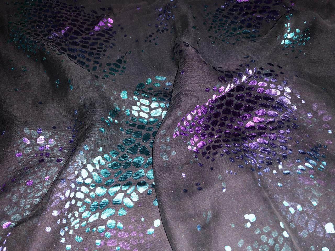 Silk georgette  fabric black with blue ,teal and purple abstract  Brasso  44&quot;[18817]