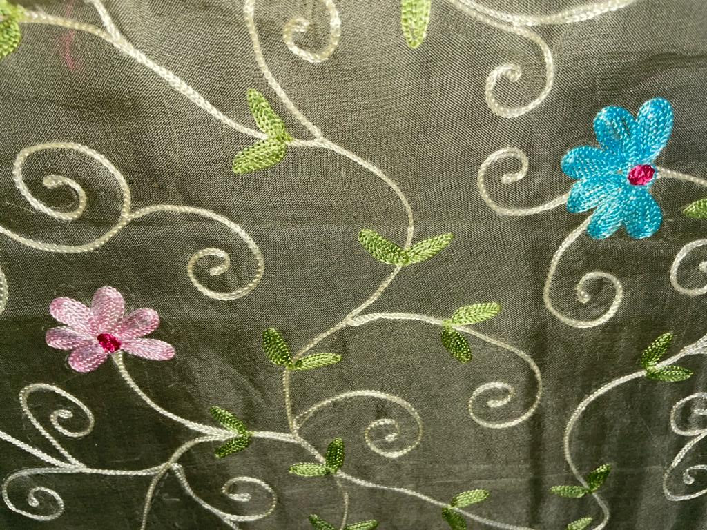 Silk organza embroidered 44 ~pastel green with pink blue floral embroidery [730]