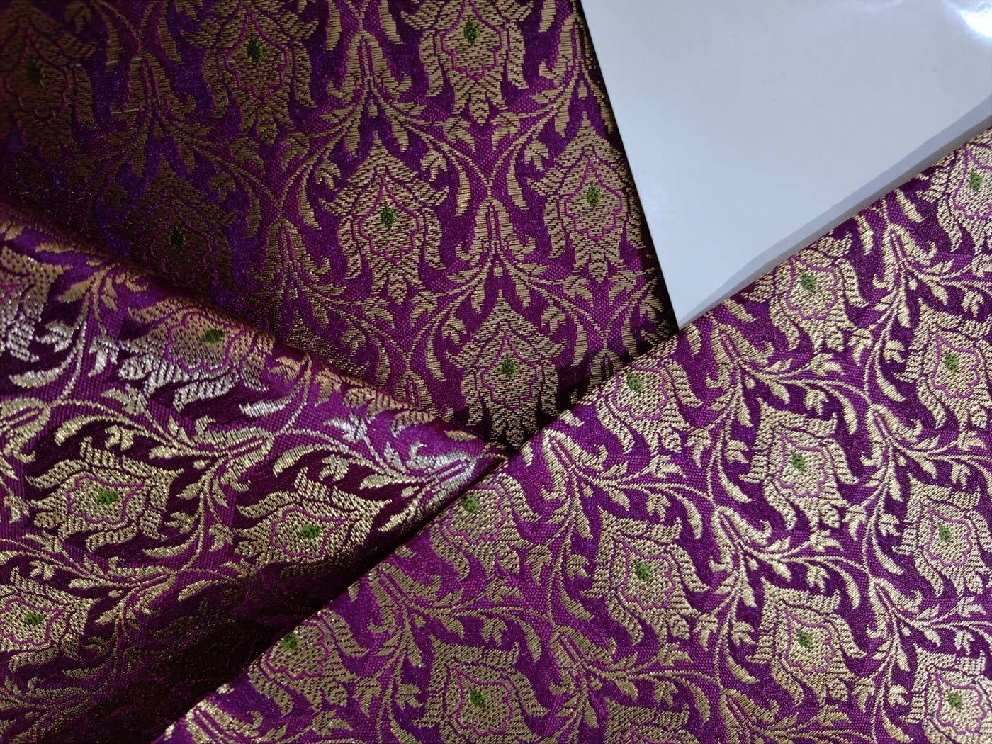Silk Brocade fabric purple with metallic gold and green motif Jacquard color 44" wide BRO895[3]