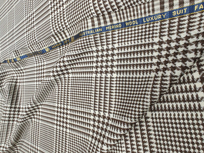 100% WOOL SUITING VERCELLI AUSTRALIAN MERINO WOOL IVORY AND BROWN ABSTRACT PLAIDS  58" wide  [17125]