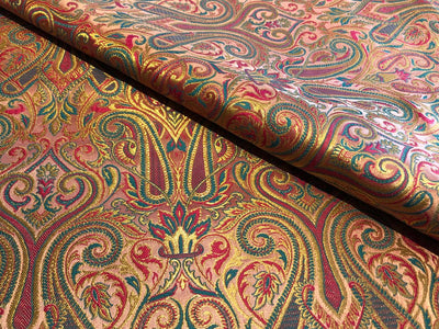 Silk Brocade fabric gold jacquard paisleys available in 3 colors magenta/teal ,deep purple/teal and peach/green/red BRO1102