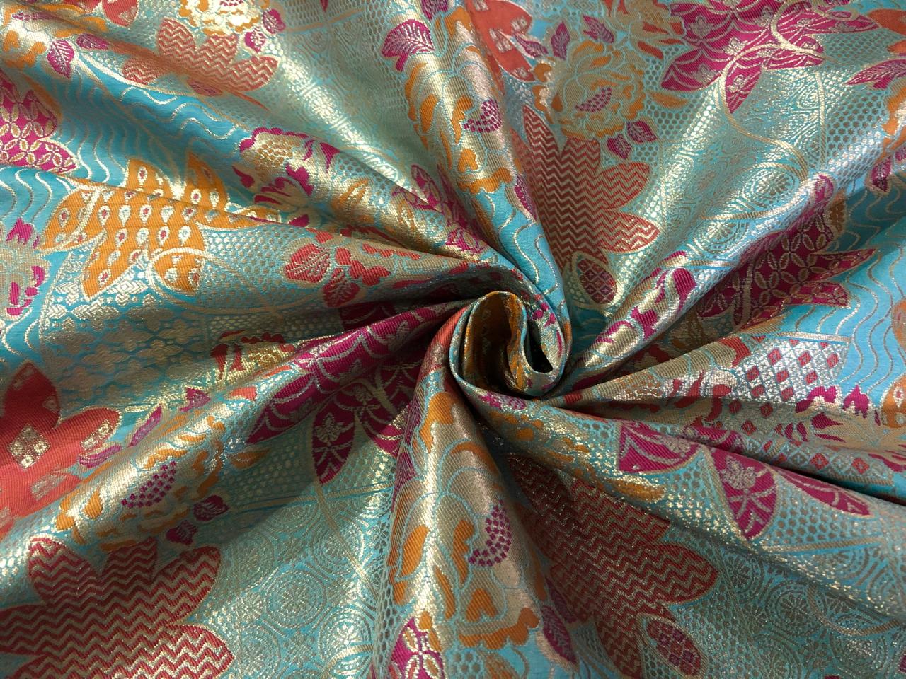 Silk Brocade fabric blue with rust, mustard, pink and gold   floral jacquard   BRO1019[3]