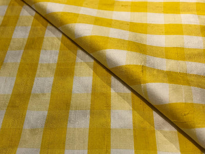 100% PURE SILK DUPIONI FABRIC  PLAIDS YELLOW AND WHITE COLOR 54" WIDE single length 3.25  yds DUPcutC10