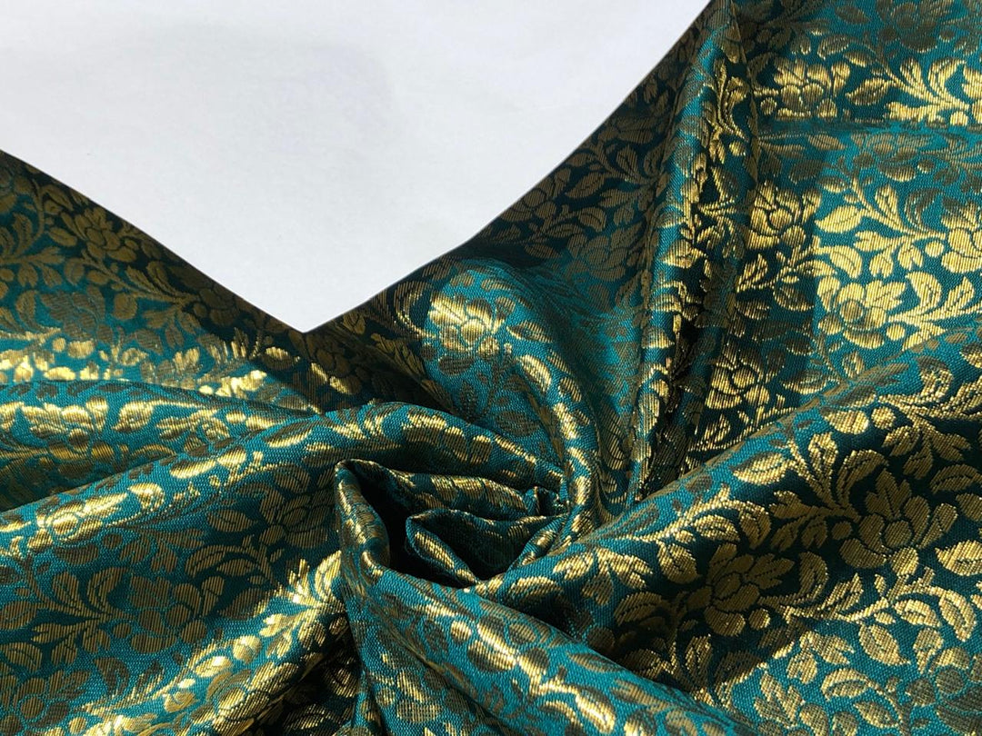 Brocade Fabric TEAL FLORAL VINE Jacquard x metallic gold Color 44