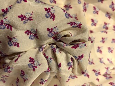 Pure silk  crepe printed fabric cream with tiny lavender burgundy floral motifs 54"[18262]
