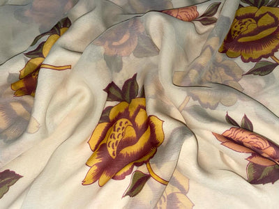 Silk chiffon printed  fabric yellow/peach  floral  44" wide [15469]
