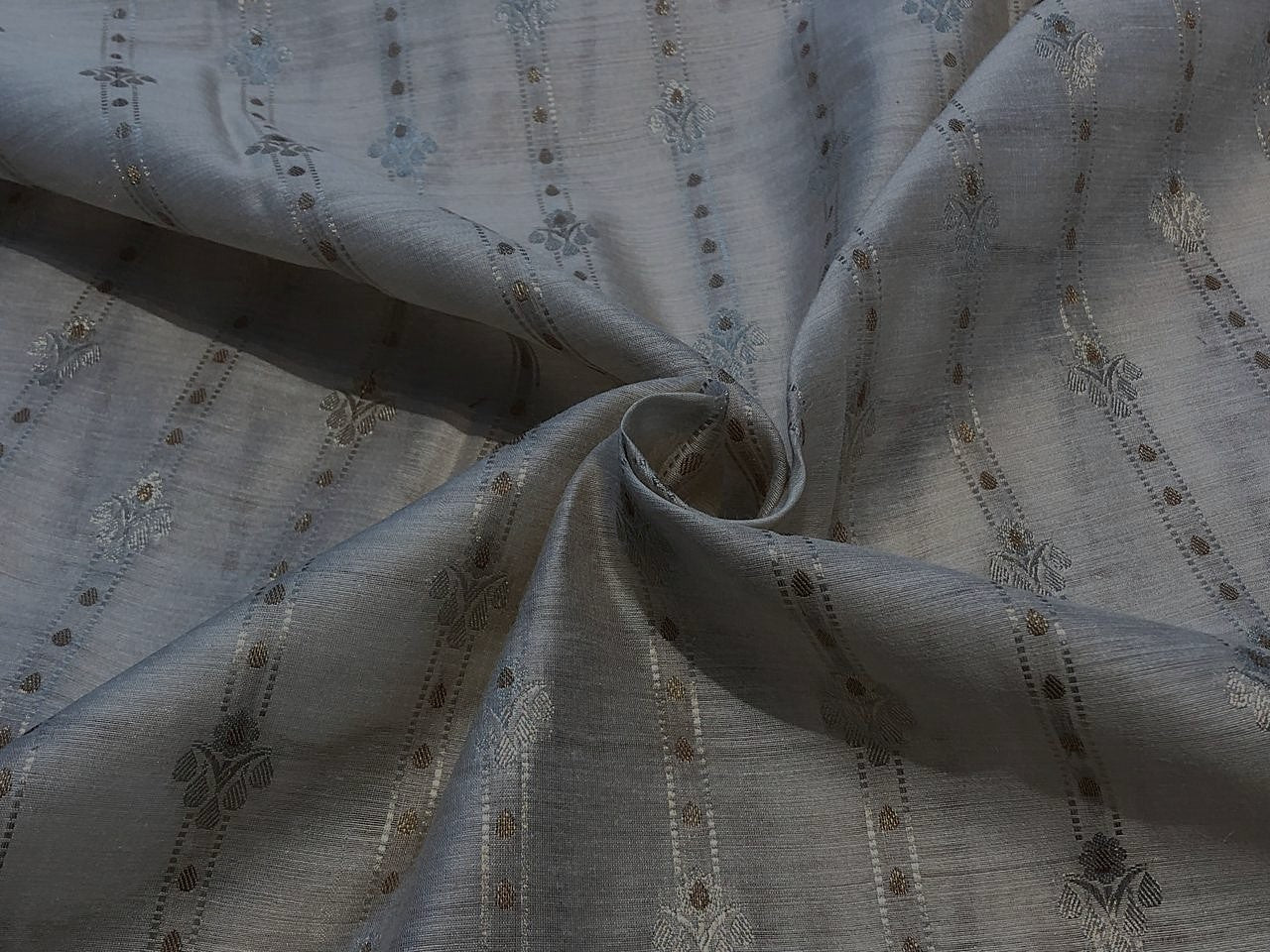 100% Silk munga Brocade fabric dark ivory with gold Zari horizontal stripes with floral jacquard BRO1090[3]