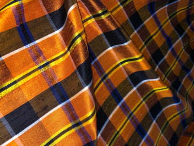 100% silk dupion  Plaids fabric with slubs shades of burnt orange ,navy, black and yellow 54" wide DUPNEWC29[3]