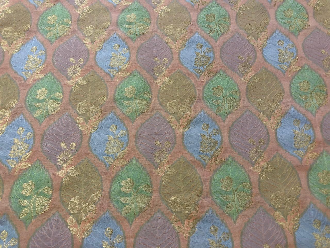 Silk Brocade fabric with colorful  leaf floral motif jacquard available in 3 colors mauve , pink peach and ivory BRO1091