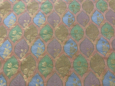 Silk Brocade fabric with colorful  leaf floral motif jacquard available in 3 colors mauve , pink peach and ivory BRO1091