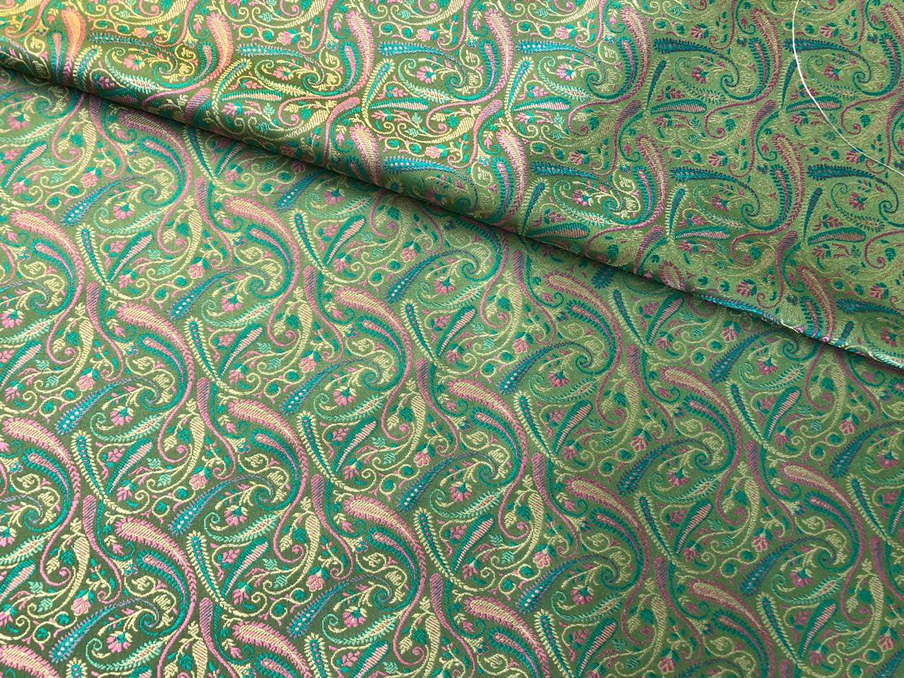 Silk Brocade fabric multi color paisleys available in 4 colors red , green , minty olive and silver BRO1089