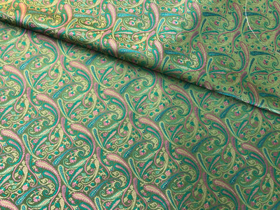 Silk Brocade fabric multi color paisleys available in 4 colors red , green , minty olive and silver BRO1089