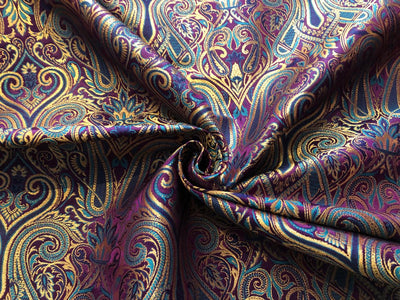 Silk Brocade fabric gold jacquard paisleys available in 3 colors magenta/teal ,deep purple/teal and peach/green/red BRO1102