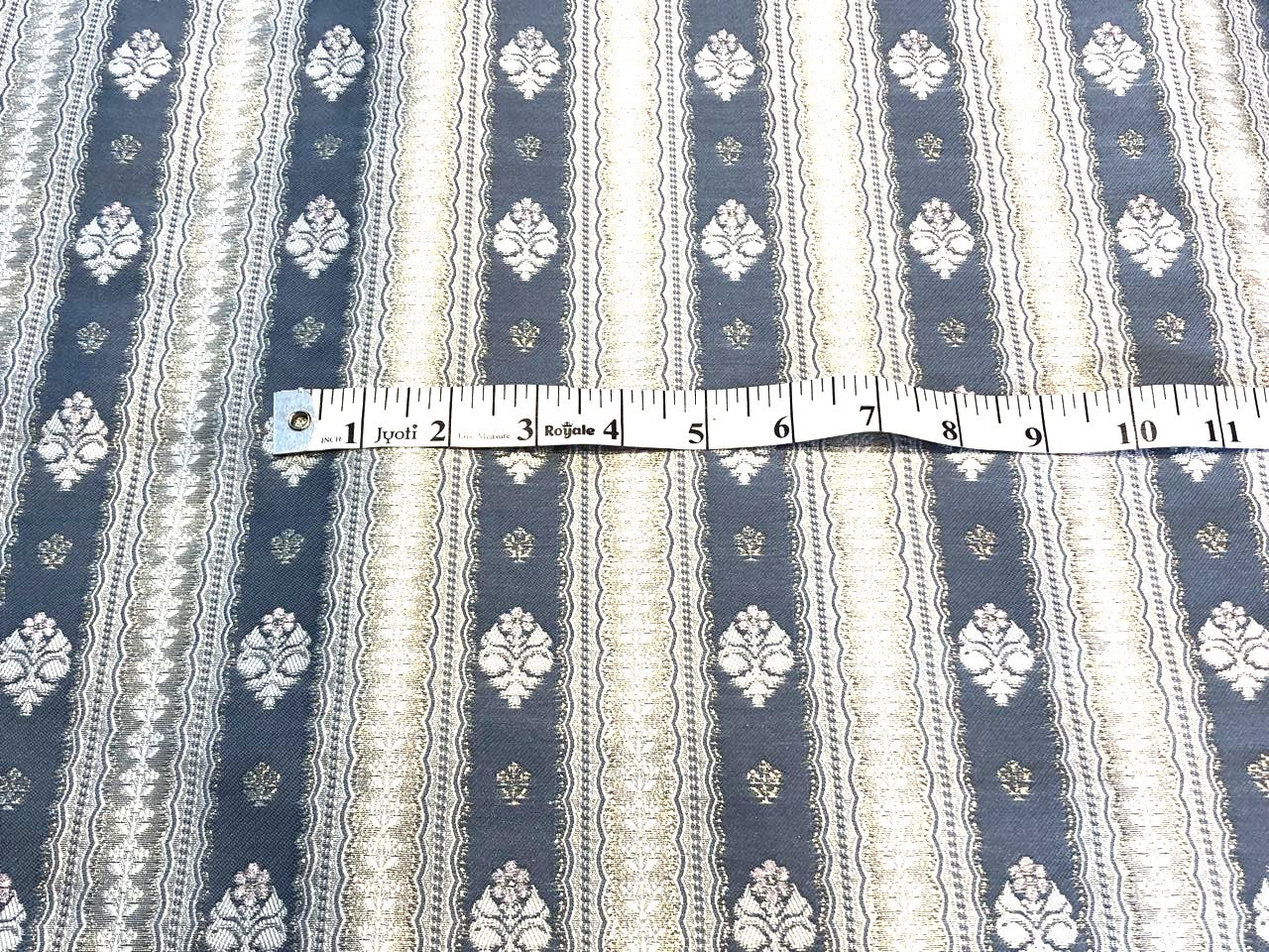 Silk Brocade fabric slate blue ,silver and white horizontal stripes with flower  motifs BRO1090[1]