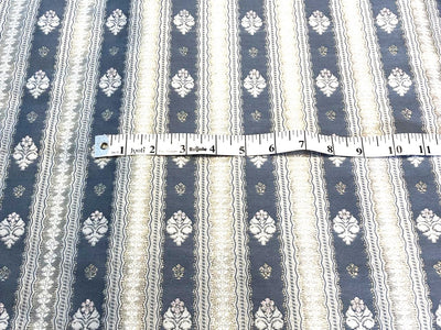 Silk Brocade fabric slate blue ,silver and white horizontal stripes with flower  motifs BRO1090[1]