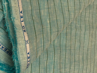 100% Linen stripe 60's Lea Fabric 58" wide available in 2 colors  lime green and sea blue stripes [16895/96]