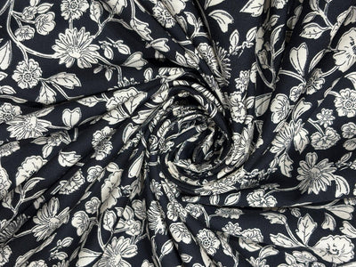 100% Cotton Poplin black , ivory floral print 56" wide [18266]