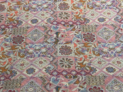 Silk Brocade fabric 56" ivory with  pink with blue and mango floral and very subtle metallic gold jacquard BRO1060[2]