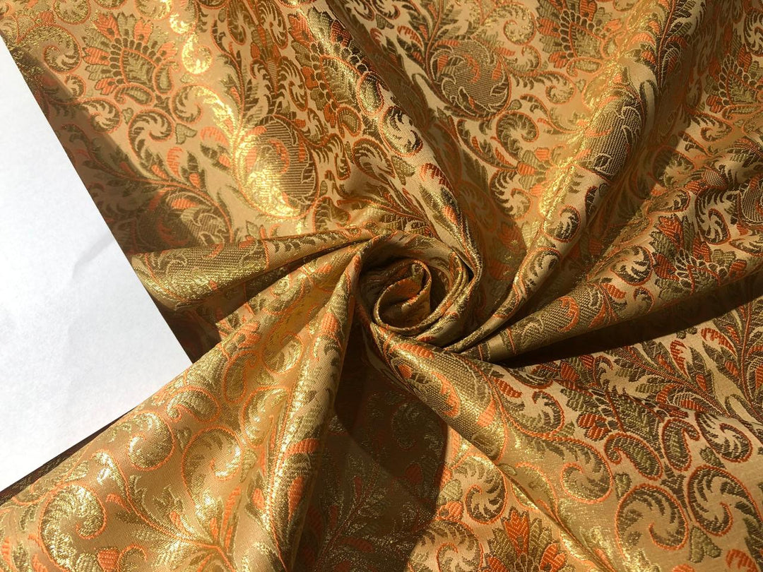 Silk Brocade fabric peach and gold floral jacquard BRO1005[4