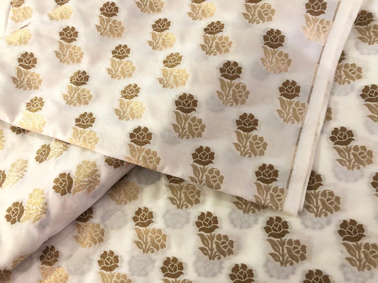 100% PURE Silk Brocade fabric 44" wide FLOWER MOTIF available in 2 colors white ivory and navy black BRO1016[1/2]