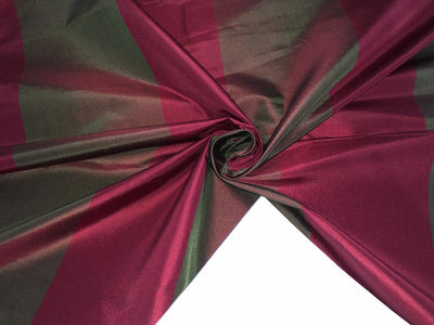 100% PURE SILK DUPIONI FABRIC  stripes BURGANDY AND IRREDESCENT GREEN X RED   COLOR 54" WIDE single length 4.85 yds DUPcutS7