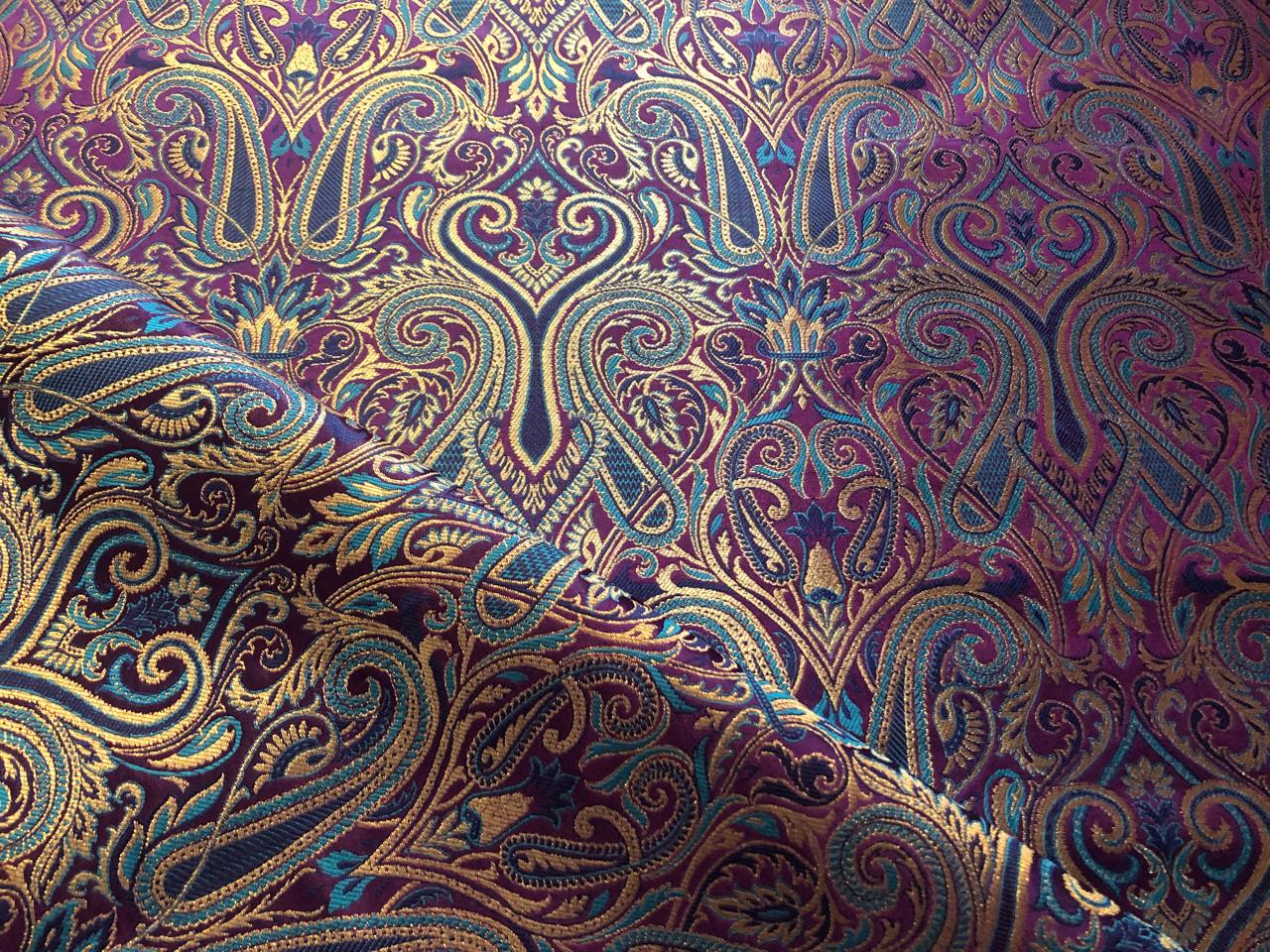 Silk Brocade fabric gold jacquard paisleys available in 3 colors magenta/teal ,deep purple/teal and peach/green/red BRO1102