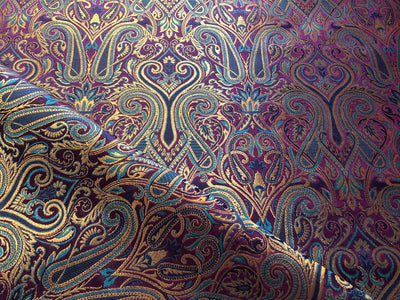 Silk Brocade fabric gold jacquard paisleys available in 3 colors magenta/teal ,deep purple/teal and peach/green/red BRO1102