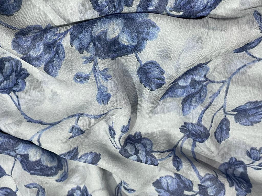 Silk chiffon printed  fabric BLUE  FLORAL PRINT  44" wide [15455]