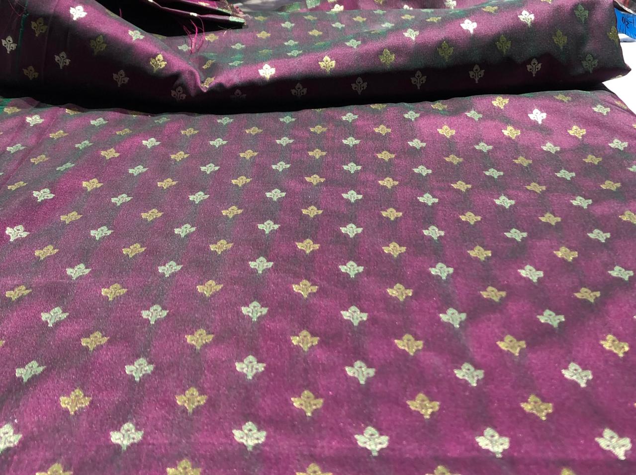Silk Brocade fabric two tone with silver/gold  motif leaf Jacquard  44" wide available in 3 colors plum,blue and green BRO1007[1/2/3]