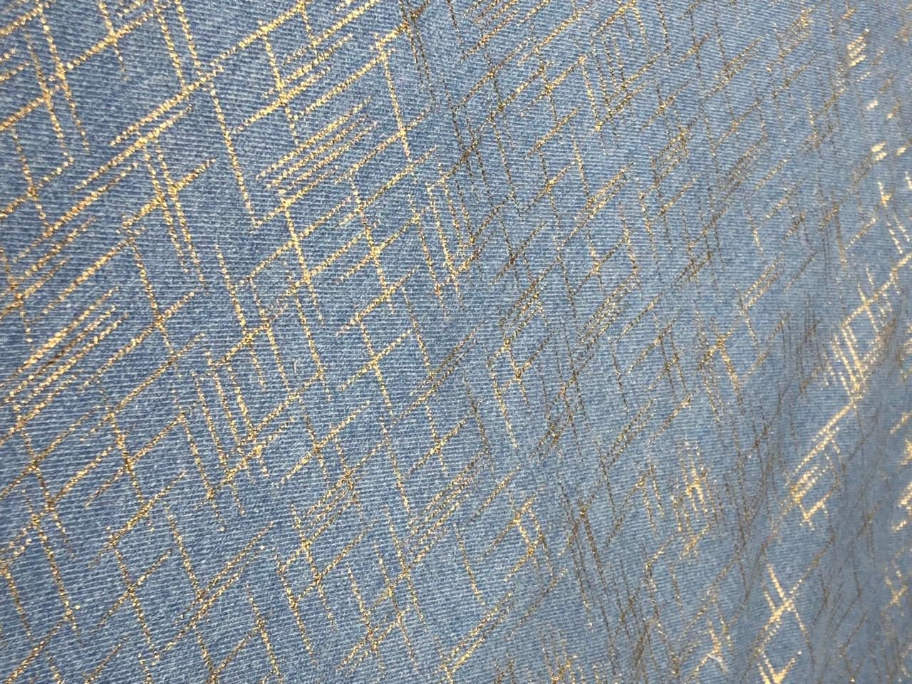 100% Cotton Denim Fabric with foil print 58" wide available in 3 colors light dusty green, light blue and darker blue[17720/21/22]