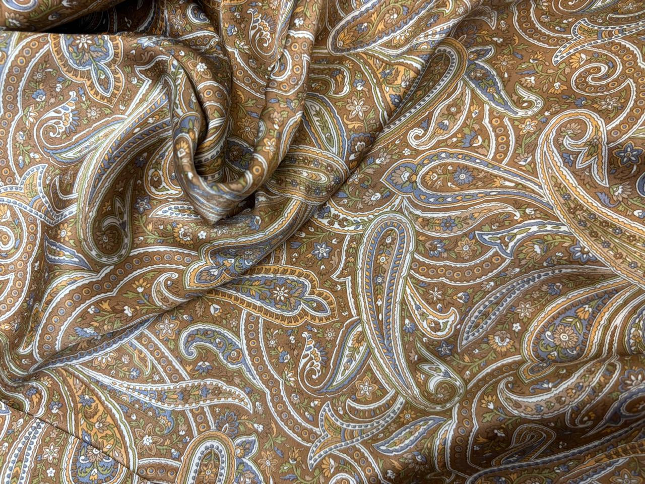 100% Pure Silk 80 grams satin printed 44"wide fabric shades of brown, mustard and grey PAISLEY PRINT [18431]
