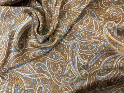 100% Pure Silk 80 grams satin printed 44"wide fabric shades of brown, mustard and grey PAISLEY PRINT [18431]