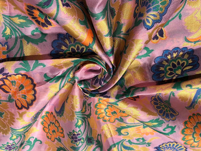 Silk Brocade fabric with multi color  floral jacquard and metallic  gold available in 3 colors  white,green , and pink BRO1014