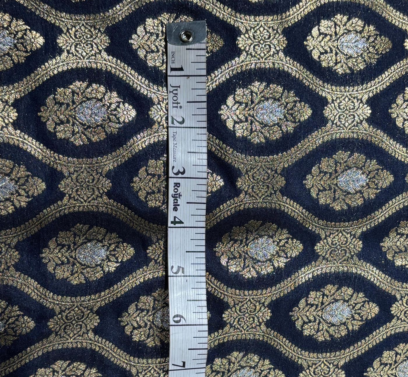 Silk Brocade fabric 44" dark navy with silver and gold metallic jacquard  motif BRO1055[1]