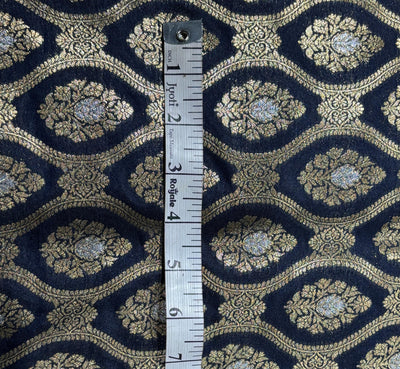 Silk Brocade fabric 44" dark navy with silver and gold metallic jacquard  motif BRO1055[1]