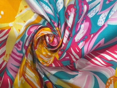 100% Cotton Poplin 58" wide digital print pastel pinks, sea blue ,bright yellows jungle print [17614]