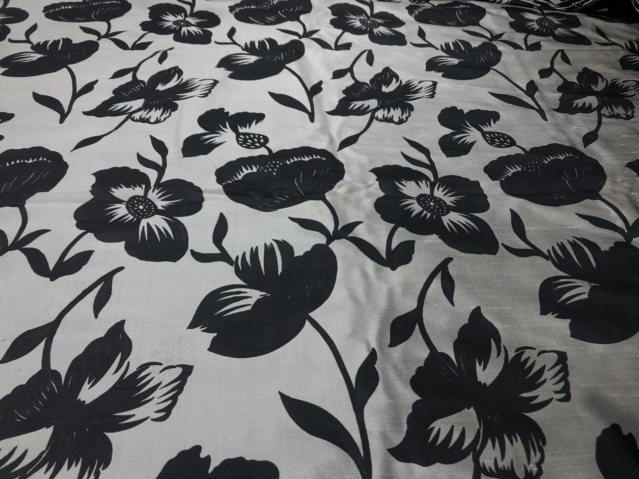 100% silk Dupion fabric brushed  gold with black floral print 54" wide DUPPRT42