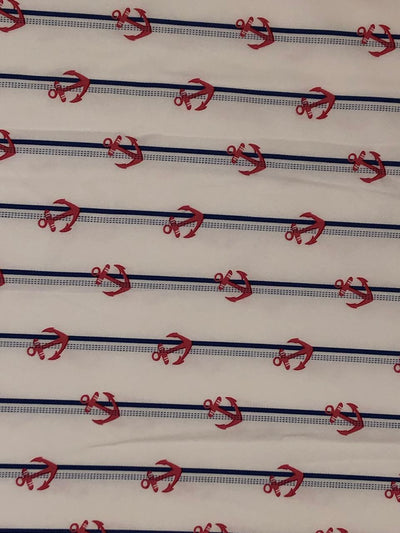 100% cotton poplin  twill weave navy blue /white stripe with red anchor  56" wide [18489]