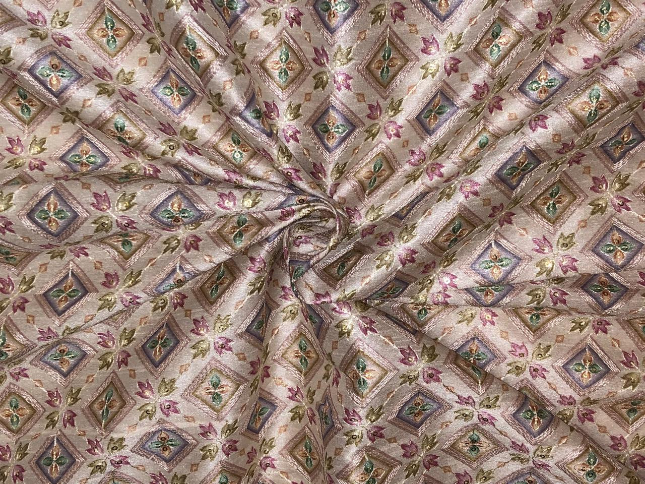 Silk Brocade fabric ivory with diamond motif floral jacquard and subtle sequins and embroidery BRO1069[1]