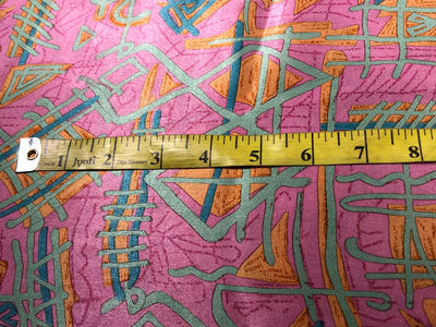 100% PURE SILK 80 GRAMS  SATIN PRINTED 44"WIDE FABRIC PINK WITH  MULTICOLOR GEOMETRIC PRINT [16946]
