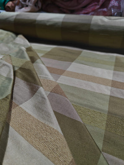 100% PURE SILK DUPIONI FABRIC BROWN,,GOLD,GREEN COLOR PLAIDS 54" WIDE DUPNEWCROLL28