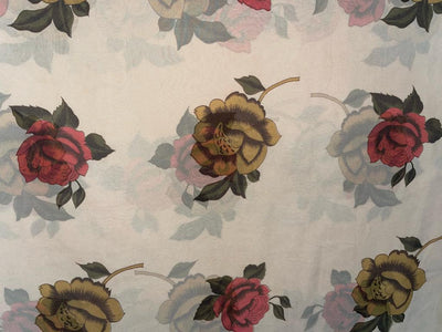 Silk chiffon printed  fabric cream with red and mustard  floral  44" wide [15480]