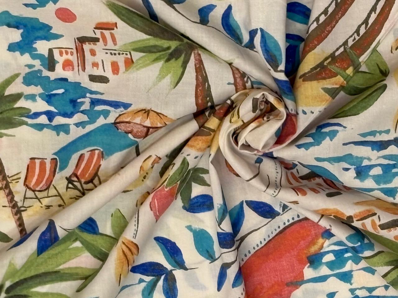 100% Cotton Poplin ivory with palm tree print 53" wide [18434]